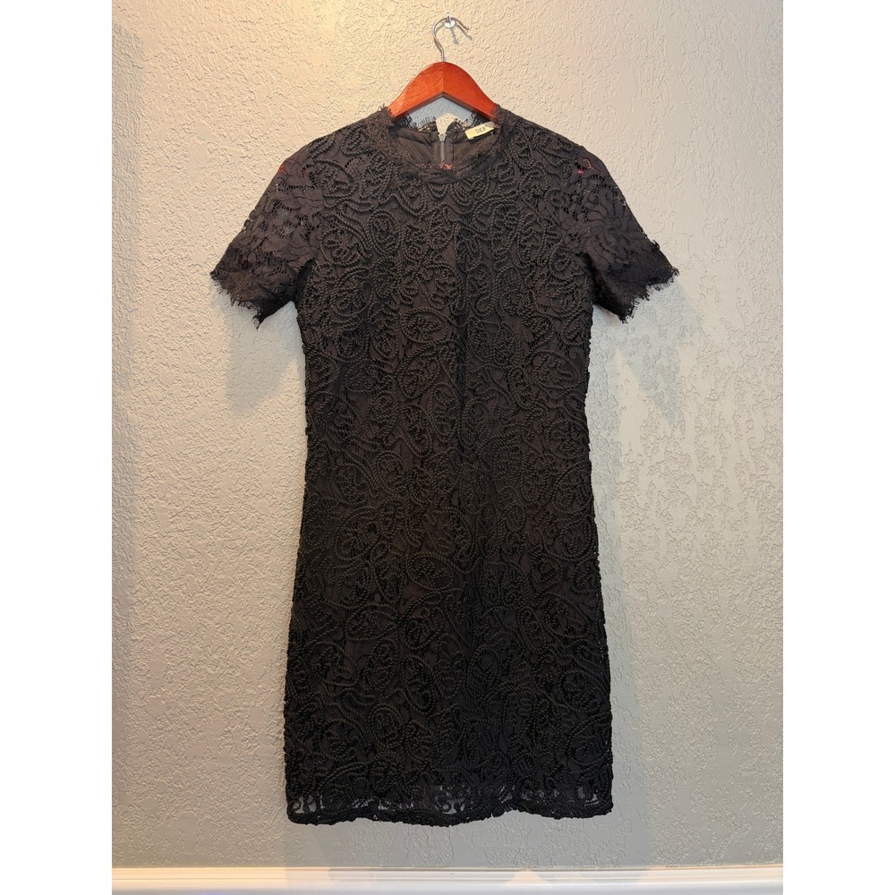 DEX Black Corded Floral Lace Sheath Dress High Neck Eyelash Trim Small